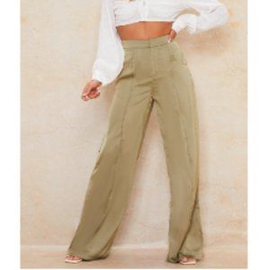Olive Green Satin Pintuck Pocket Detail Wide Leg Pants - Size 4
